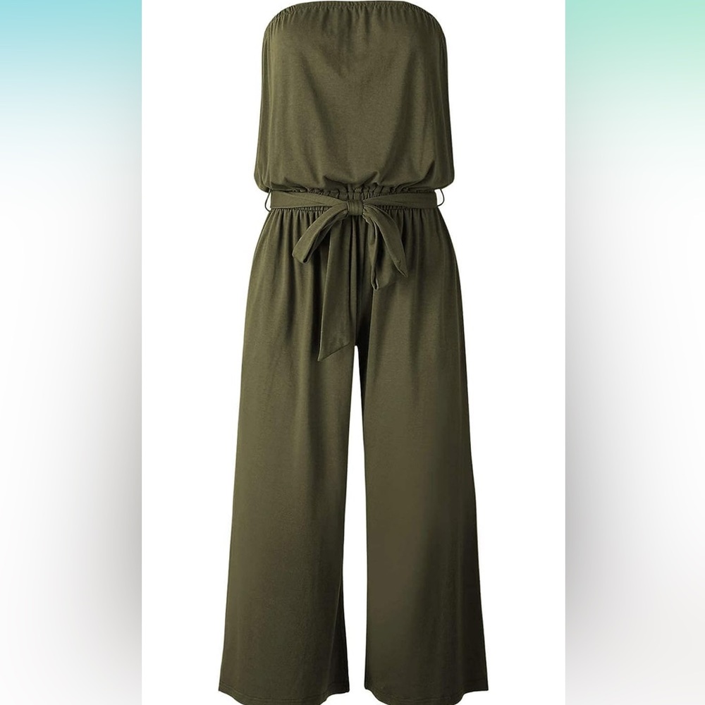 ZESICA Women's Army Green Strapless Belted Wide Leg Jumpsuit Romper. Size Small